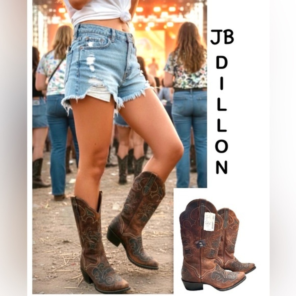 JB Dillon Western Cowgirl Boots Brown Goat Leather Lizard Inlay JBW2213 SZ 7B
